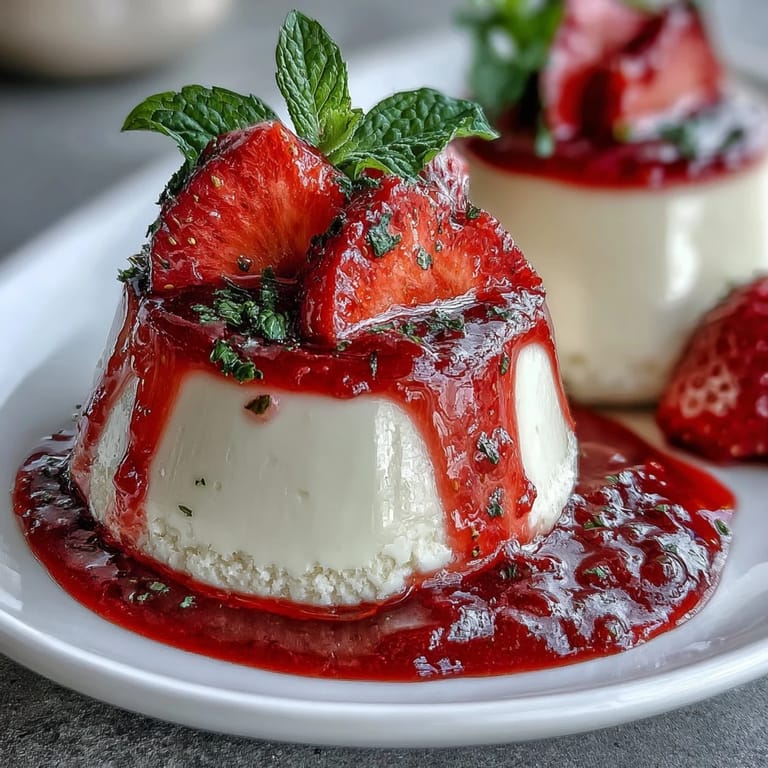 Creamy Italian panna cotta topped with fresh strawberry coulis, ideal for a Valentine's Day celebration.