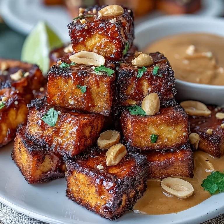 Savory plant-based meal featuring air-fried tofu bites drizzled with a rich, nutty peanut sauce and sprinkled with chopped peanuts.  