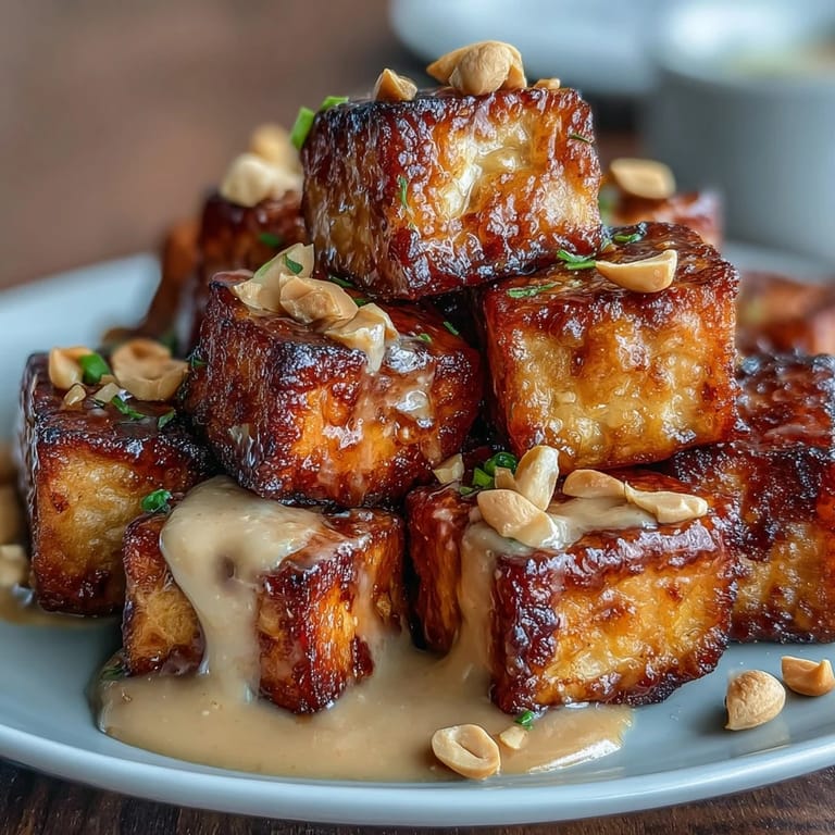 Asian-inspired vegan dish with crunchy air fryer tofu served alongside a flavorful, spicy peanut dipping sauce for a healthy appetizer.