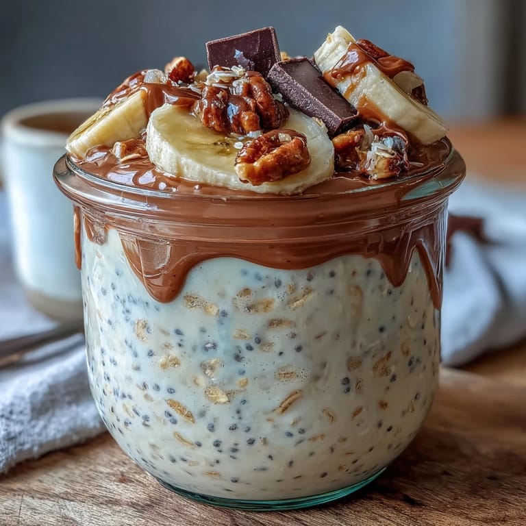 Velvety banana-infused oats layered with melted dark chocolate and crunchy nuts, perfect for a quick morning meal.  