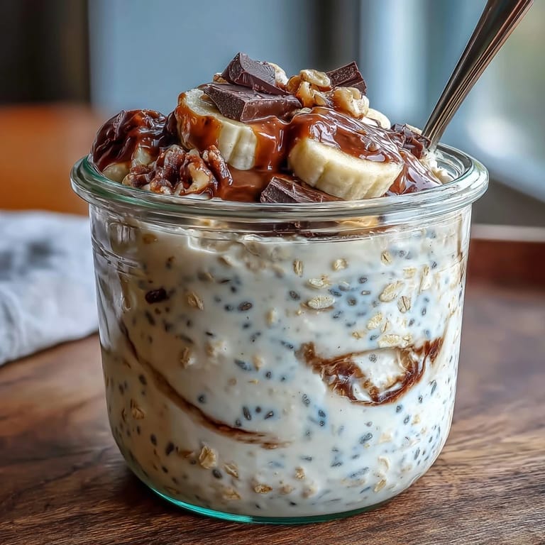 Chilled overnight oats swirled with sweet banana and decadent dark chocolate, garnished with a sprinkle of sea salt.