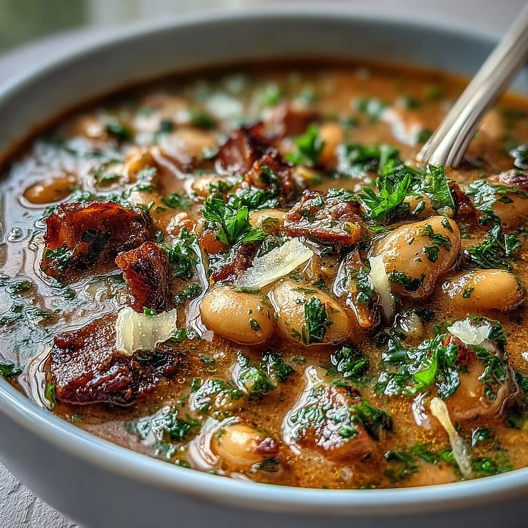 Creamy cannellini beans and diced ham simmered with carrots, celery, and tomatoes in a comforting stew.  