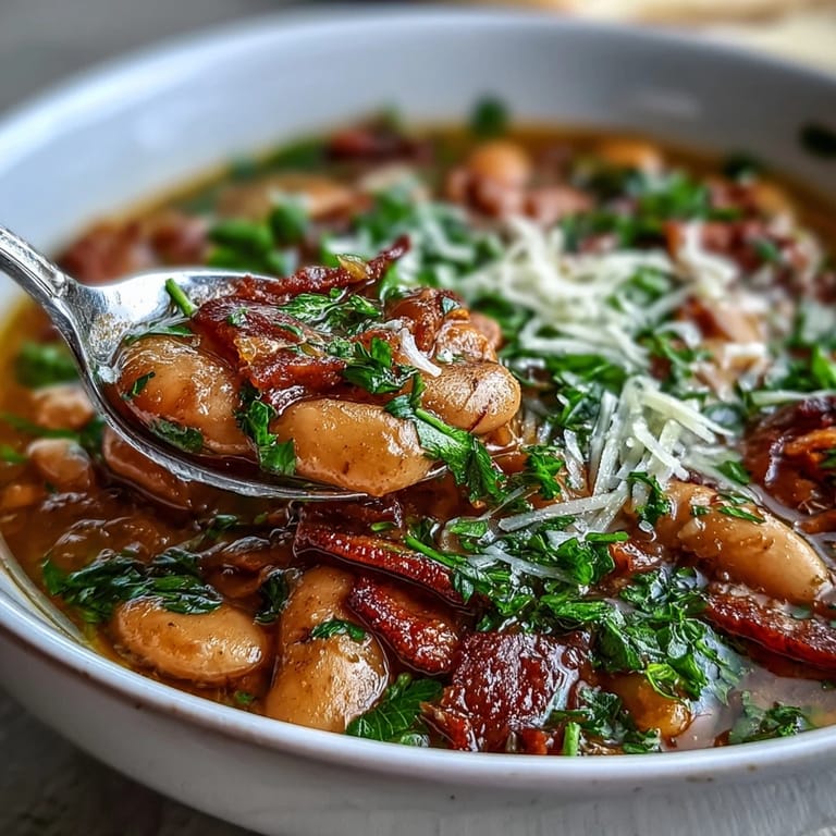 Aromatic Italian Ham and Cannellini Bean Stew garnished with parsley and Parmesan, served steaming hot.