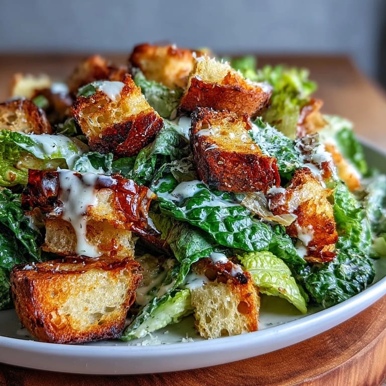 Crisp romaine lettuce meets rich Caesar dressing and toasted sourdough croutons in this vibrant salad.