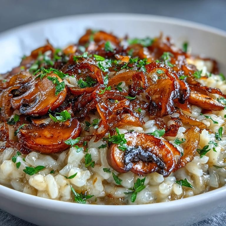 Savory risotto featuring sweet caramelized onions, earthy mushrooms, and Parmesan cheese, served in a rustic bowl with fresh parsley.  