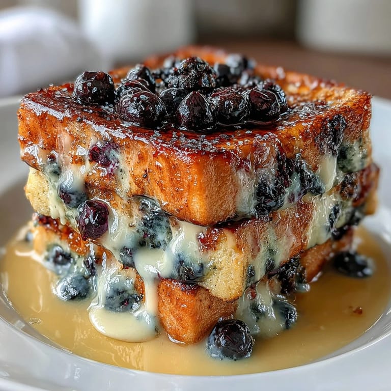 Decadent sourdough casserole topped with cinnamon sugar and fresh blueberries, perfect for brunch gatherings.  