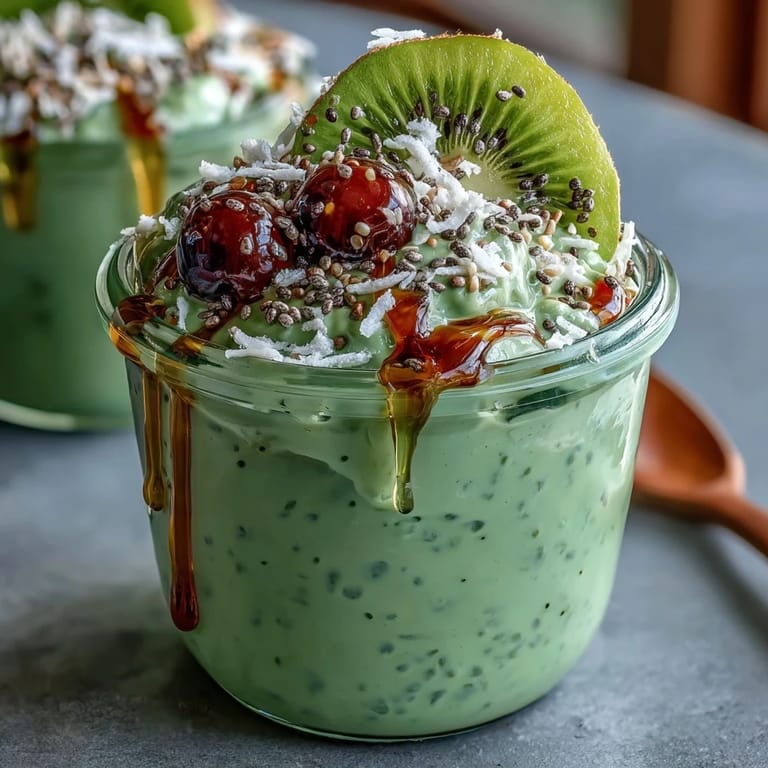 Layered matcha overnight oats with coconut and chia seeds, garnished with banana slices and a drizzle of honey in a rustic bowl.