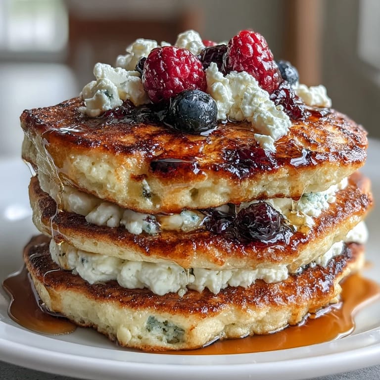 Golden-brown protein pancakes made with cottage cheese and mixed berries, served with a drizzle of maple syrup.