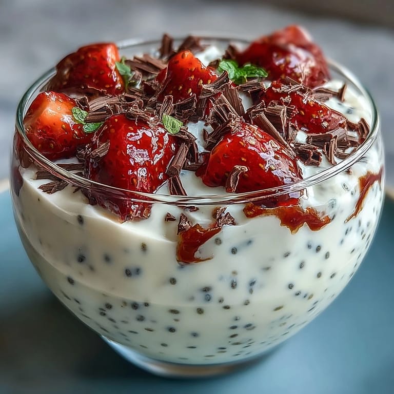 Strawberry and chia pudding parfait with honey, vanilla, and dark chocolate shavings for a protein-packed snack.