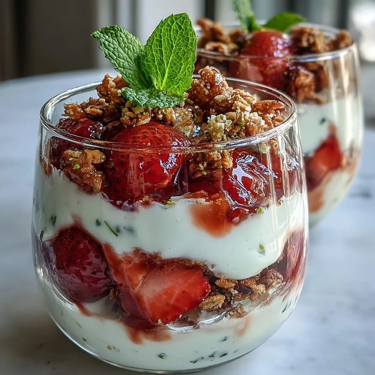 Refreshing parfait featuring sweet strawberries, tangy Greek yogurt, and roasted pistachios for a perfect morning treat.