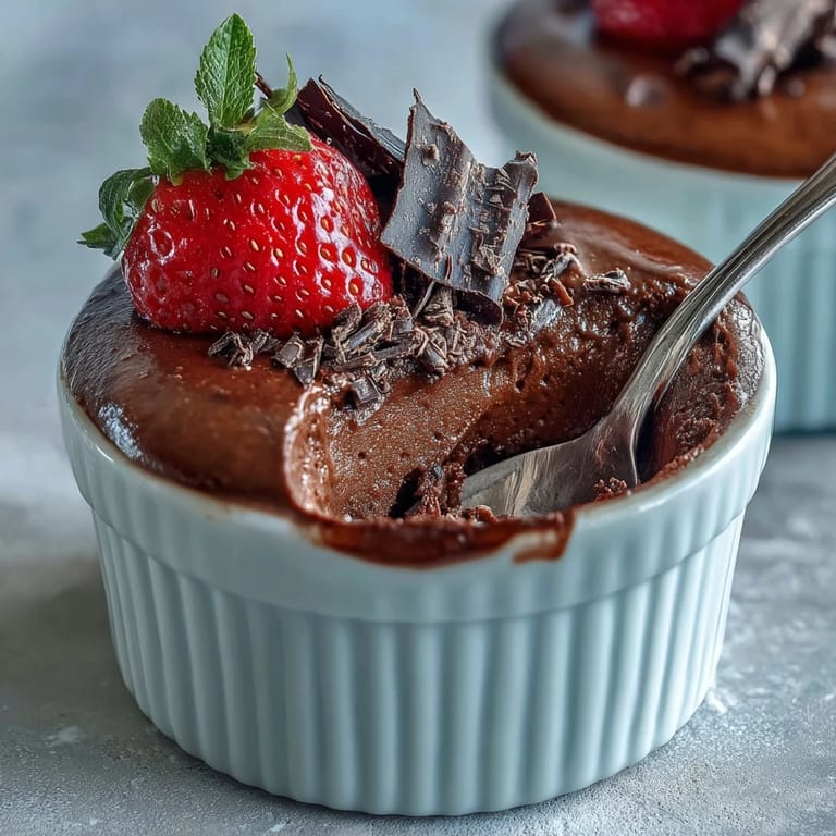 Creamy chocolate mousse made with cottage cheese and Greek yogurt, served in individual cups.  