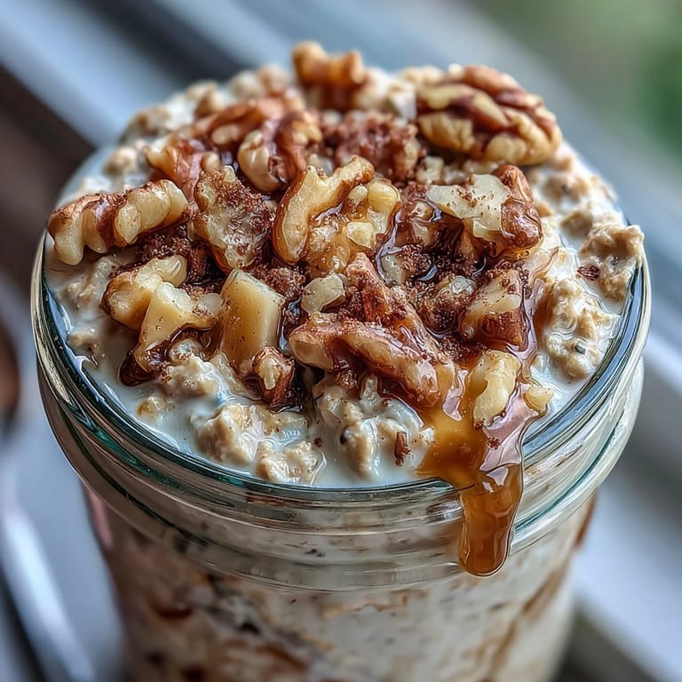 Wholesome overnight oats featuring ripe banana, warm cinnamon, and toasted walnuts for a make-ahead breakfast treat.  