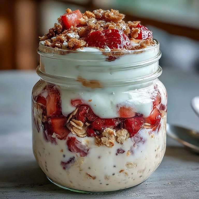 Vibrant strawberry cheesecake overnight oats in mason jars, combining fresh berries, oats, and a decadent cheesecake-inspired topping.