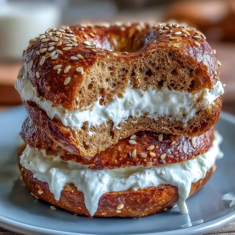 Fluffy whole wheat bagels enriched with whey protein, boiled to perfection and paired with a tangy, sweet yogurt dip for balanced flavor.  