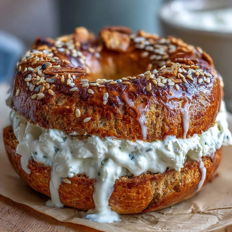 Homemade protein bagels made with whole wheat flour and honey, served alongside a light, fluffy yogurt dip for a wholesome and satisfying treat.