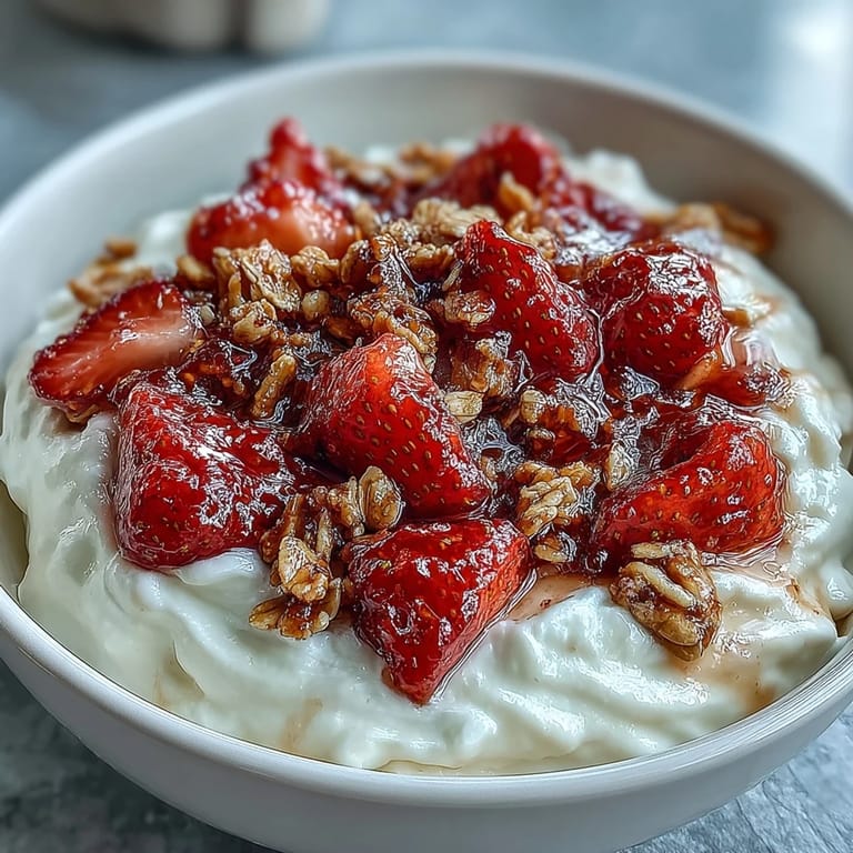 Creamy whipped Greek yogurt breakfast bowl layered with juicy strawberries and crunchy granola topping.  