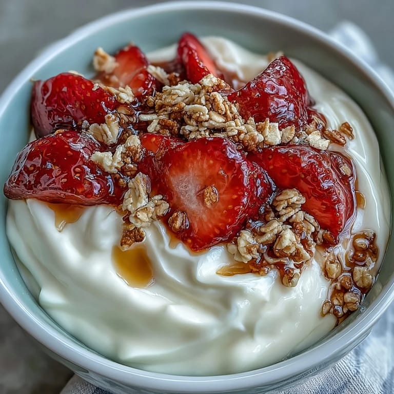 Light and airy yogurt breakfast bowl featuring strawberries, granola, and nuts for a satisfying morning meal.