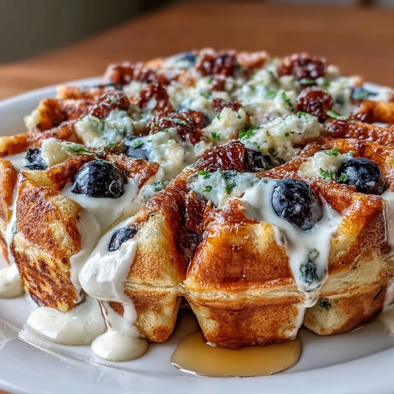 Fluffy, crisp waffles made with sourdough discard, bursting with blueberries and lemon, topped with luscious maple-infused Greek yogurt and a drizzle of syrup.