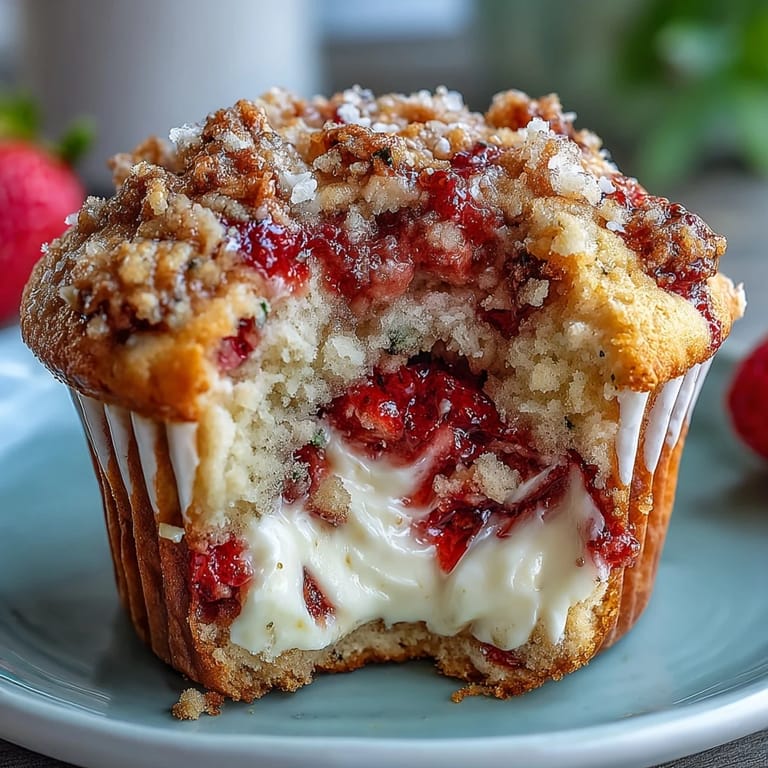 Homemade strawberry cream cheese muffins with tender crumb, fresh fruit, and rich cheesecake center, ready to serve.