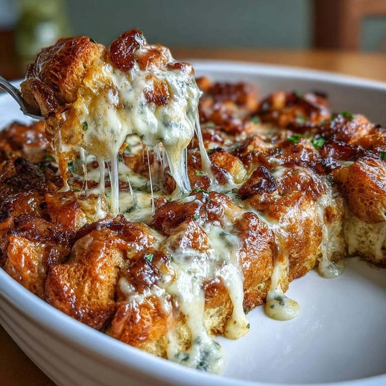 Warm croissant casserole with diced ham, Swiss cheese, and creamy egg mixture, baked until golden and perfect for brunch gatherings.