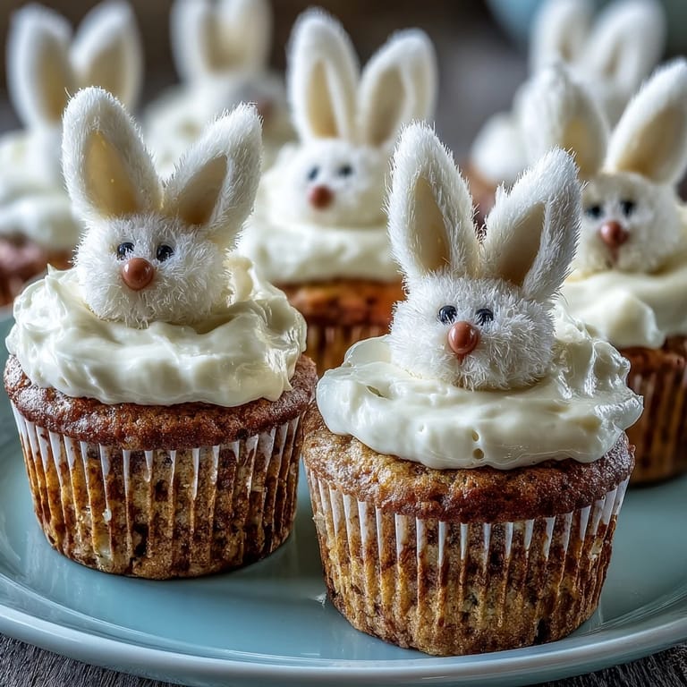 Festive carrot cake cupcakes with bunny ears, candy eyes, and pink noses, ideal for Easter dessert tables and kids' parties.