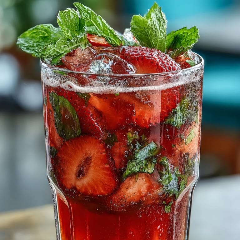 A chilled pitcher filled with sparkling strawberry mint mocktail, garnished with juicy berries and zesty citrus for a crowd-pleasing beverage.