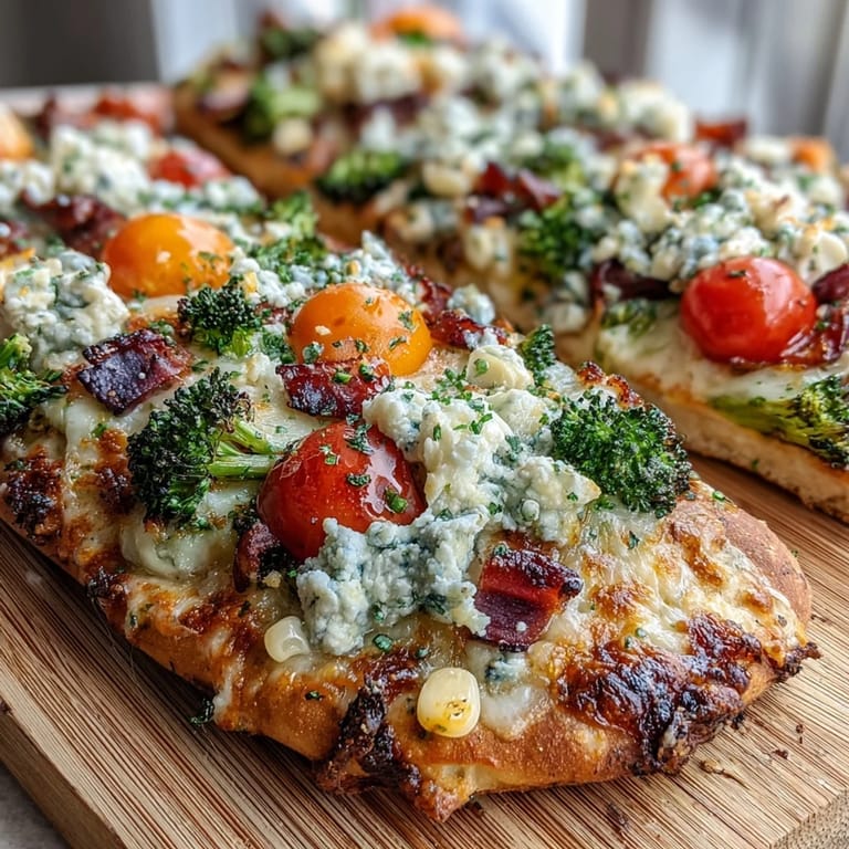 Wholesome vegetarian flatbread pizza featuring a rainbow of fresh vegetables and melted mozzarella, perfect for a cheerful St. Patrick's Day meal.  