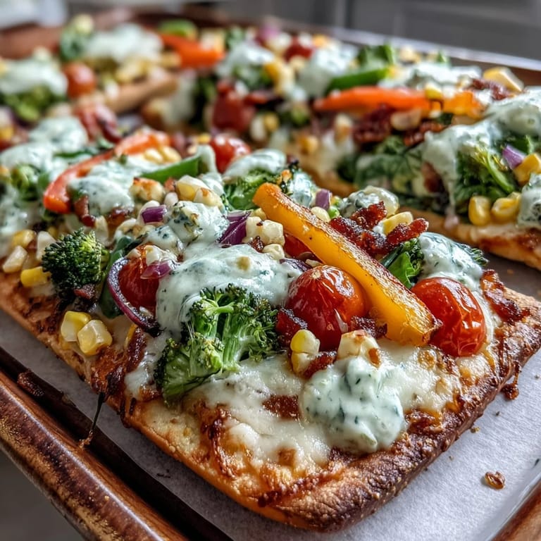 Festive St. Patrick's Day Rainbow Veggie Flatbread Pizza topped with a colorful medley of peppers, corn, and purple cabbage for a lucky celebration.