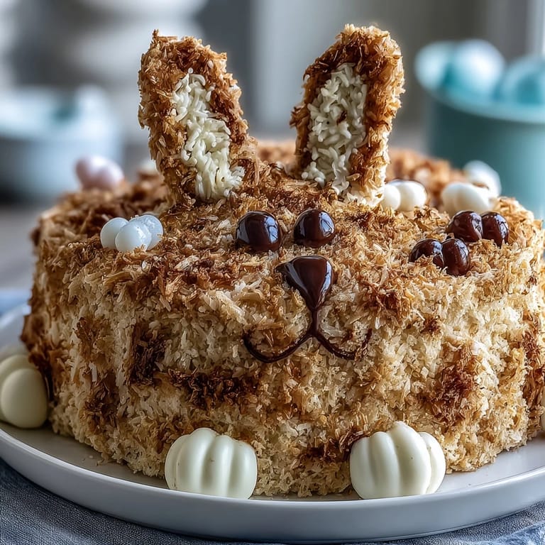 Whimsical bunny-shaped cake decorated with fluffy coconut fur and a colorful jelly bean tail, ideal for Easter dessert tables.