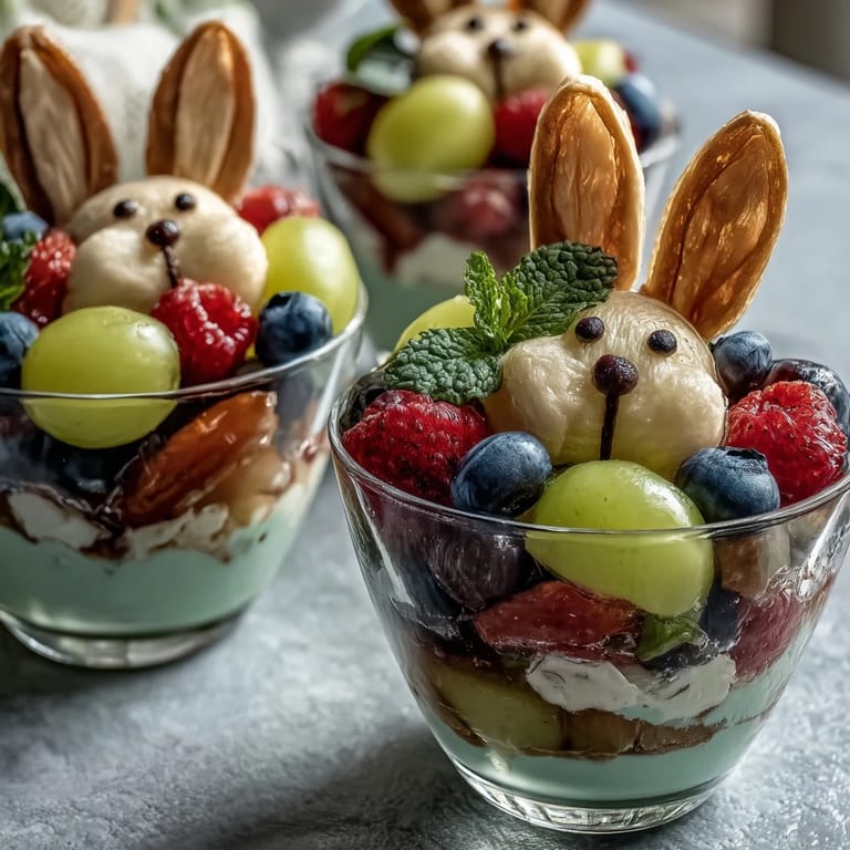 Healthy Easter bunny fruit cups with colorful berries, grapes, and pineapple, featuring marshmallow cheeks, candy noses, and paper ears for a fun, kid-friendly treat.