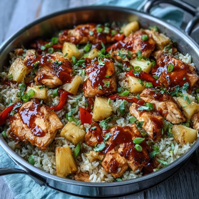 Sweet and savory pineapple chicken and rice skillet, featuring tender chicken, juicy pineapple, and crisp bell peppers in a glossy sauce.