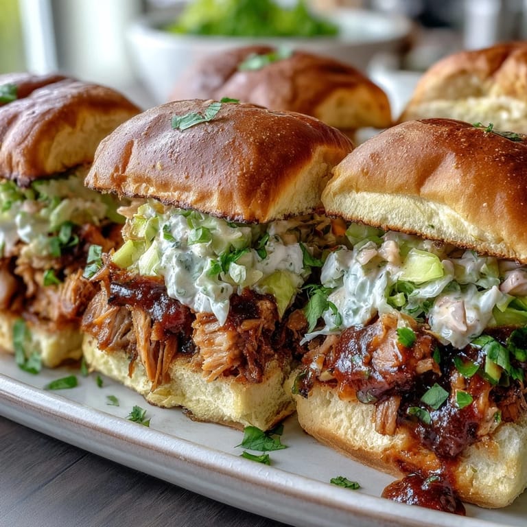 Juicy, slow-cooked pulled pork with tangy BBQ sauce and fresh coleslaw, served on golden slider buns.