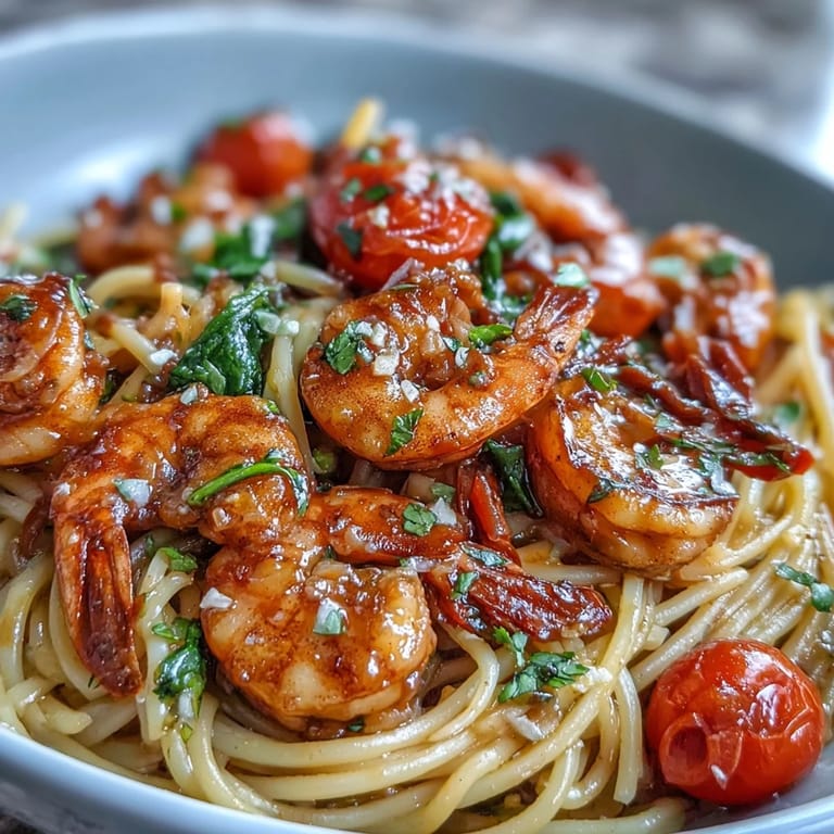 Aromatic one-pot garlic shrimp pasta with angel hair, snap peas, and cherry tomatoes, served steaming in a bright lemon broth.