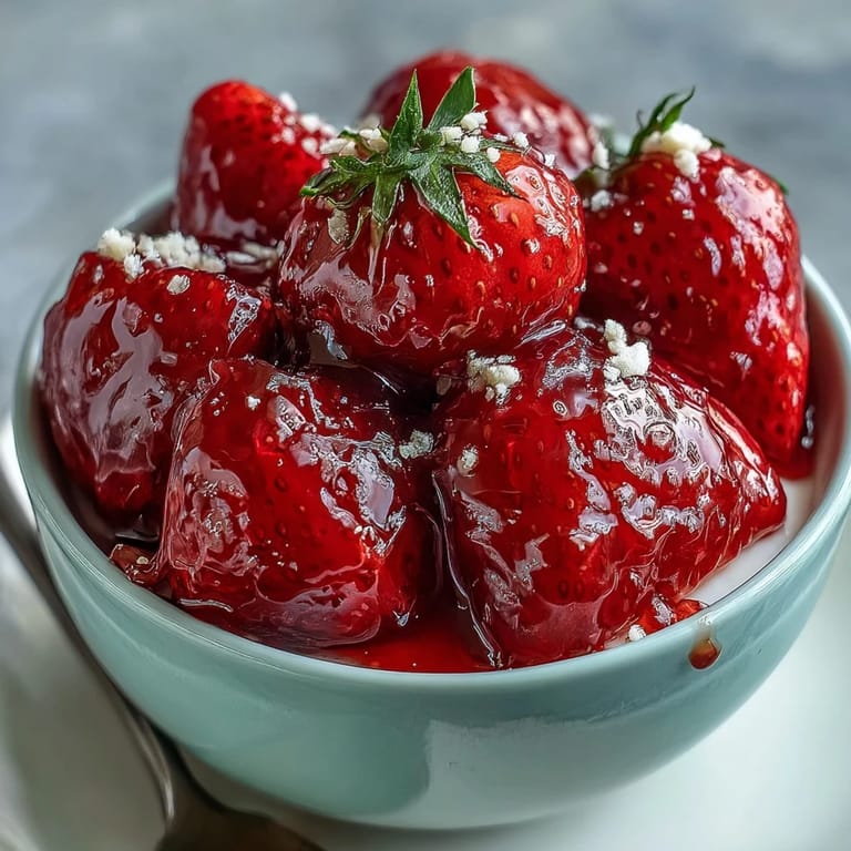 Bright red strawberry compote glistens over thick Greek yogurt, garnished with nuts and mint for a refreshing dessert or brunch.