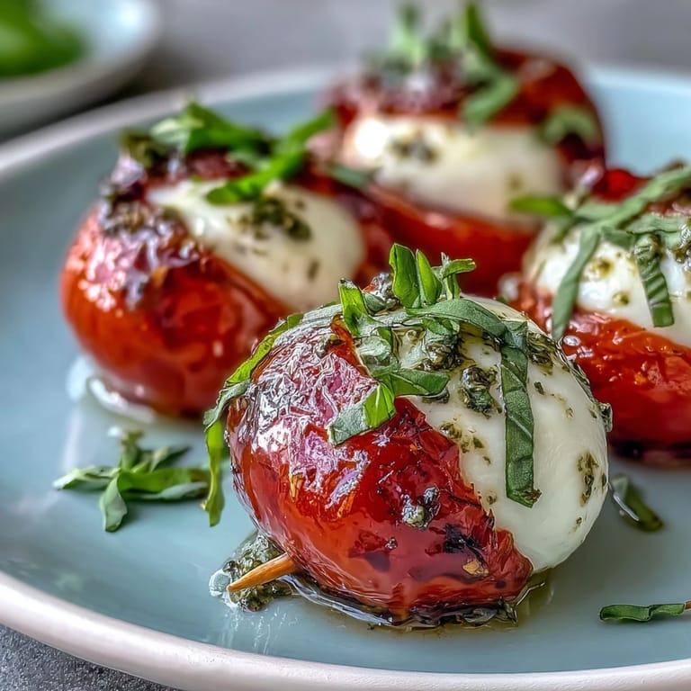 Delicious Caprese skewers drizzled with homemade pesto, combining ripe tomatoes, soft mozzarella, and fragrant basil leaves.