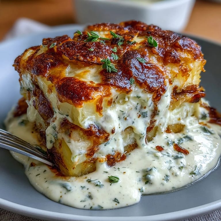 Decadent Au Gratin Potatoes featuring layers of thinly sliced potatoes baked in nutmeg-scented cream with melted Gruyère cheese topping.