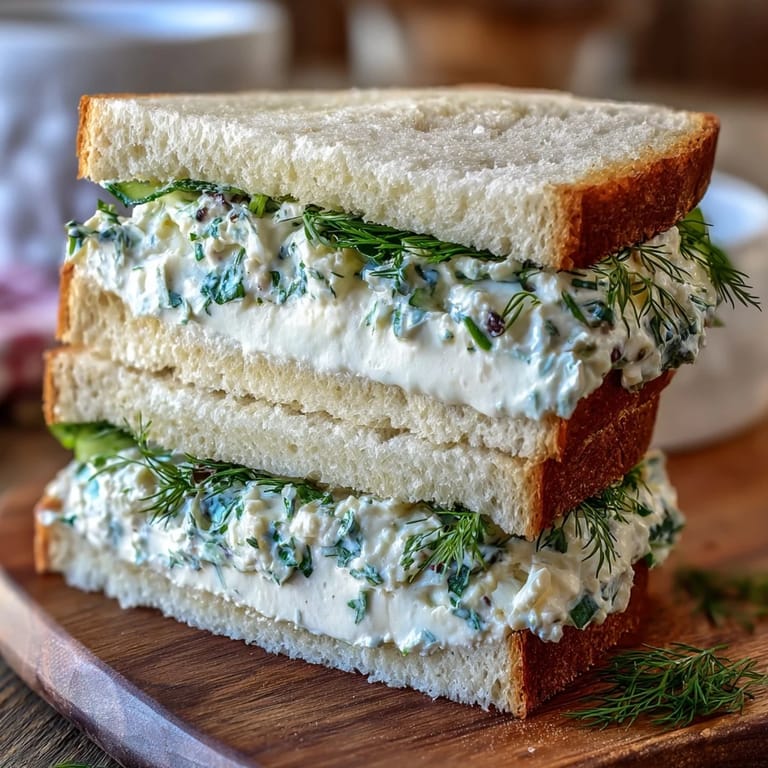 Creamy cucumber and dill Benedictine spread layered between fresh white bread slices, a classic Southern tea sandwich for afternoon gatherings.