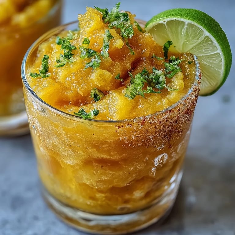 Refreshing frozen mango margarita mocktail with citrus notes, garnished with Tajín-spiced rim and fresh lime for a tangy kick.