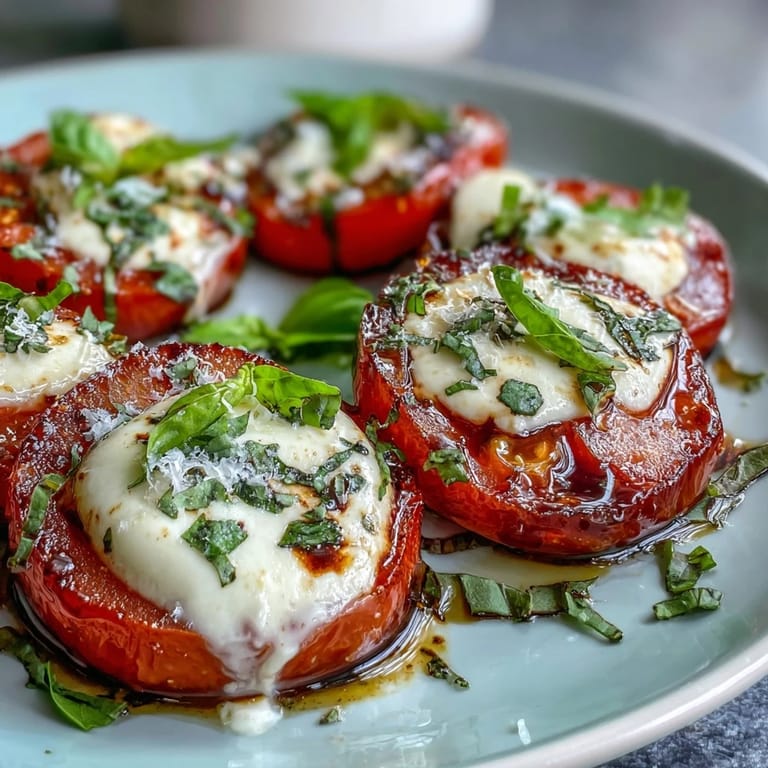 Vibrant Caprese salad with basil oil drizzle, featuring alternating tomato and mozzarella slices, whole basil leaves, and a glossy finish.