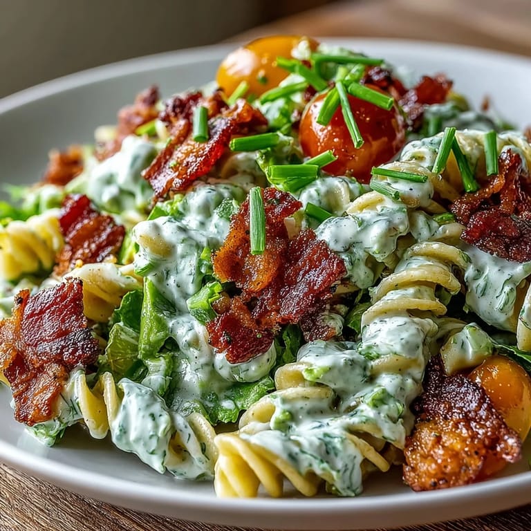 Fresh BLT pasta with crunchy romaine, savory bacon, and creamy avocado ranch dressing, perfect for picnics or light family dinners.