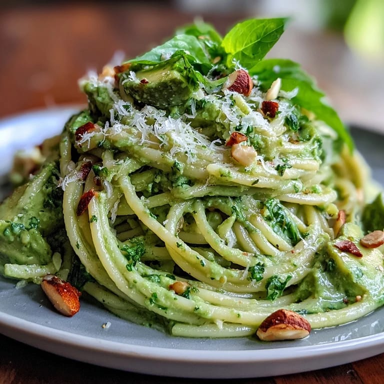 Fresh, quick Creamy Avocado Pesto Pasta, garnished with basil and Parmesan.