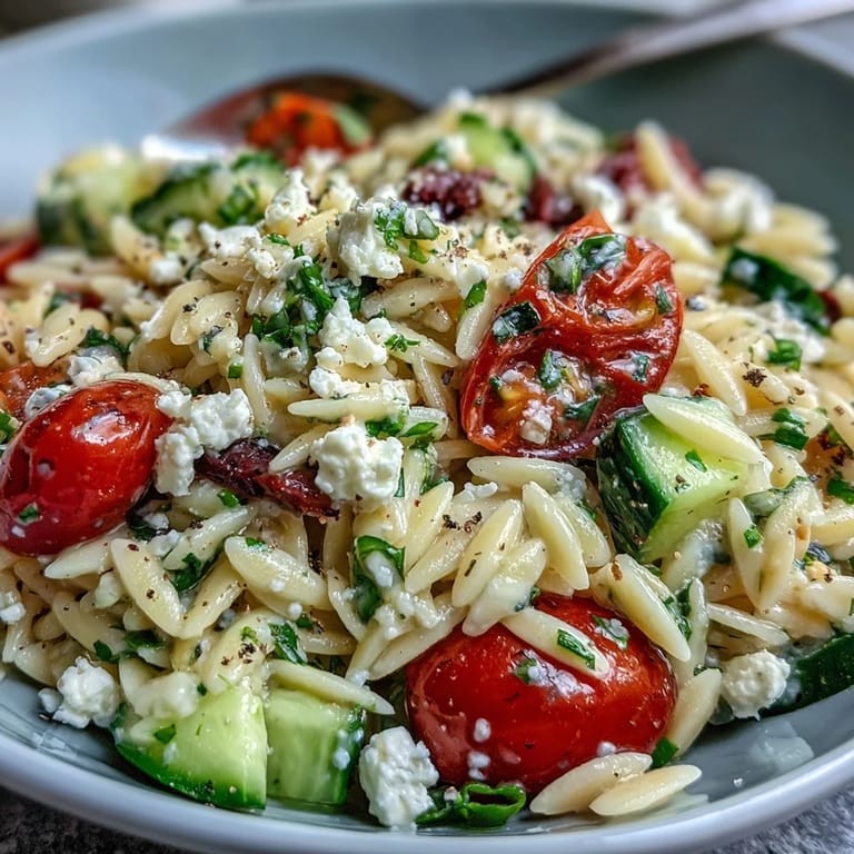Lemon Orzo Salad with Cucumber and Feta, perfect for a light meal.