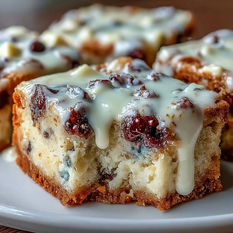 A pan of golden-brown white chocolate lemon blueberry blondies, ready to slice.