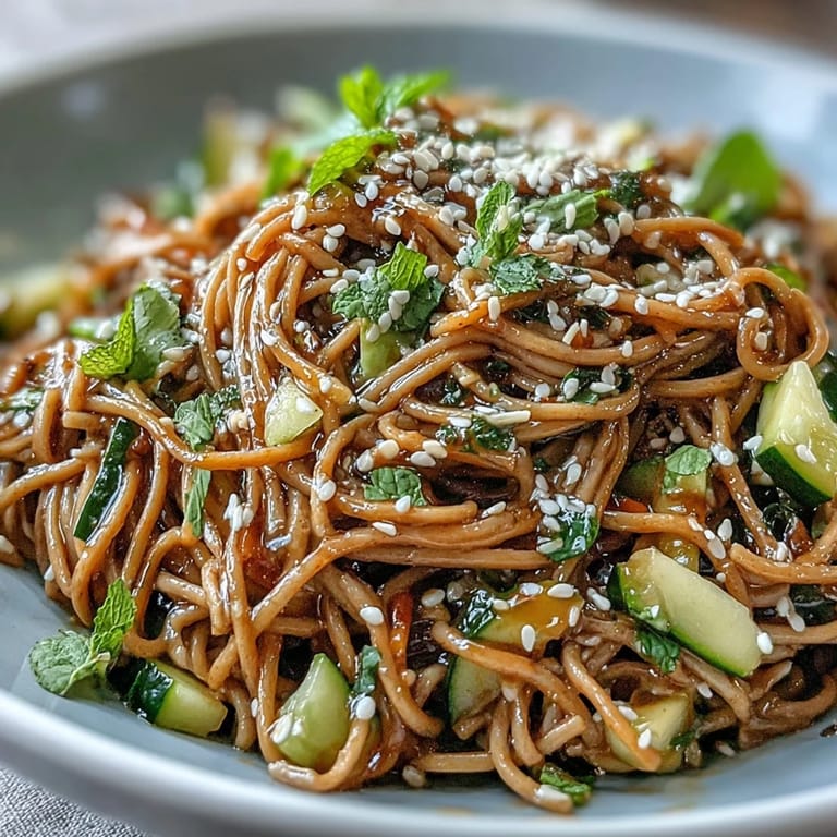 Beautifully plated cold soba noodle salad, ready for its delicious sesame ginger dressing.