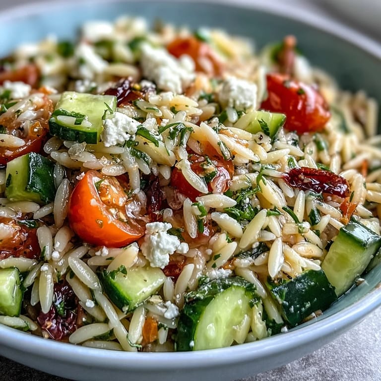 Vibrant orzo salad bursts with fresh cucumber, feta, and zesty lemon dressing.