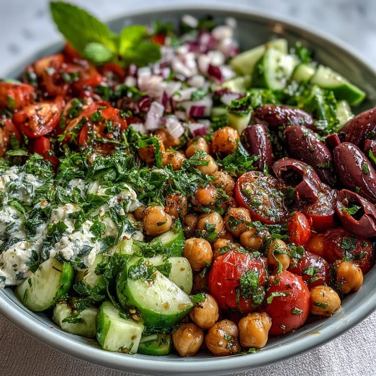 Juicy Mediterranean Chickpea Salad, a refreshing vegan dish with crisp vegetables and savory olives.