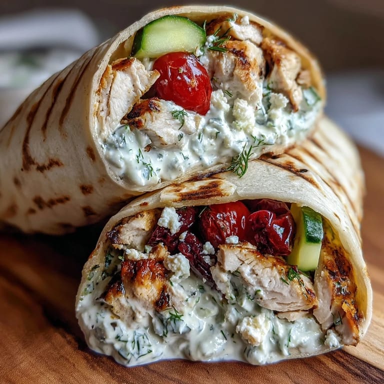 Grilled juicy chicken wraps bursting with Mediterranean flavors and crisp veggies.