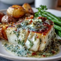 Garlic Herb Butter Cod with Green Beans and Baby Potatoes in a rustic oven tray, golden cod fillets topped with fragrant herb butter beside crisp green beans and tender baby potatoes.