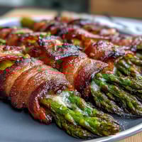 Keto bacon-wrapped asparagus bundles with Parmesan, roasted until crispy and golden, perfect as a keto-friendly appetizer.