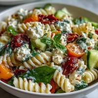 High protein cottage cheese pasta salad with colorful veggies and creamy dressing in a large bowl, perfect for a healthy lunch or meal prep.